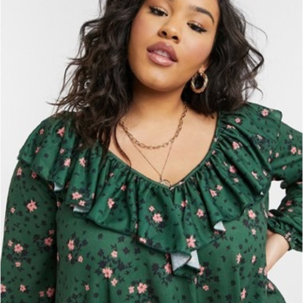 ASOS DESIGN Curve long sleeve v-neck dress with tie neck detail in forest green